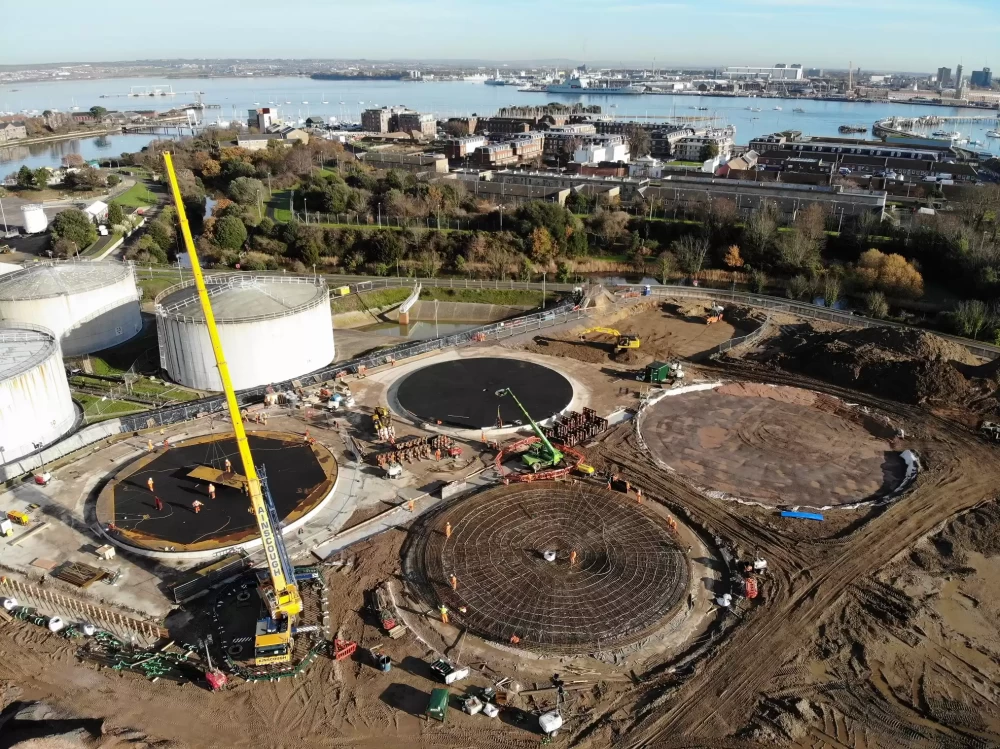 An aerial view of the Gosport Oil Fuel Depot construction site.