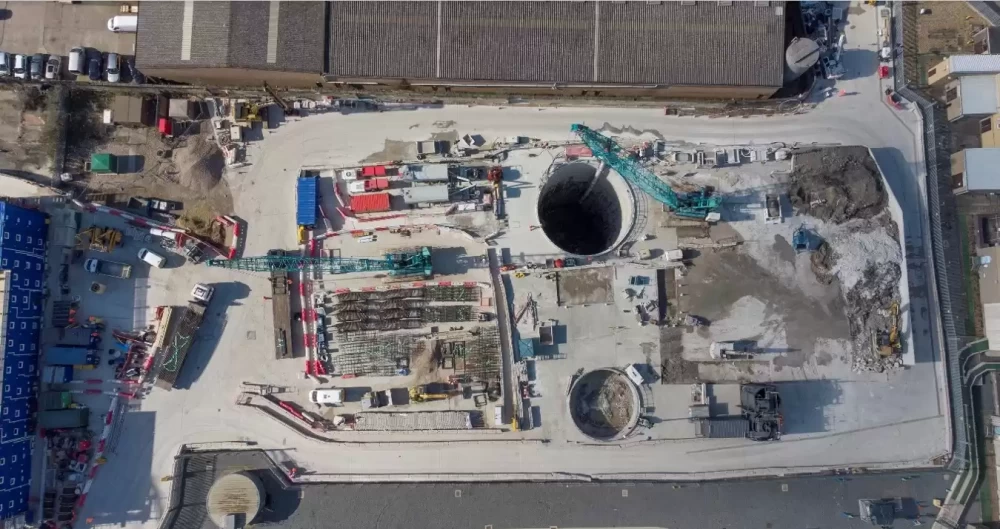 A birds eye view of a tunnelling construction site.