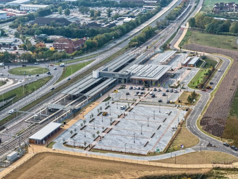 Alternative angle of an aerial photograph of the new Beaulieu Park station.
