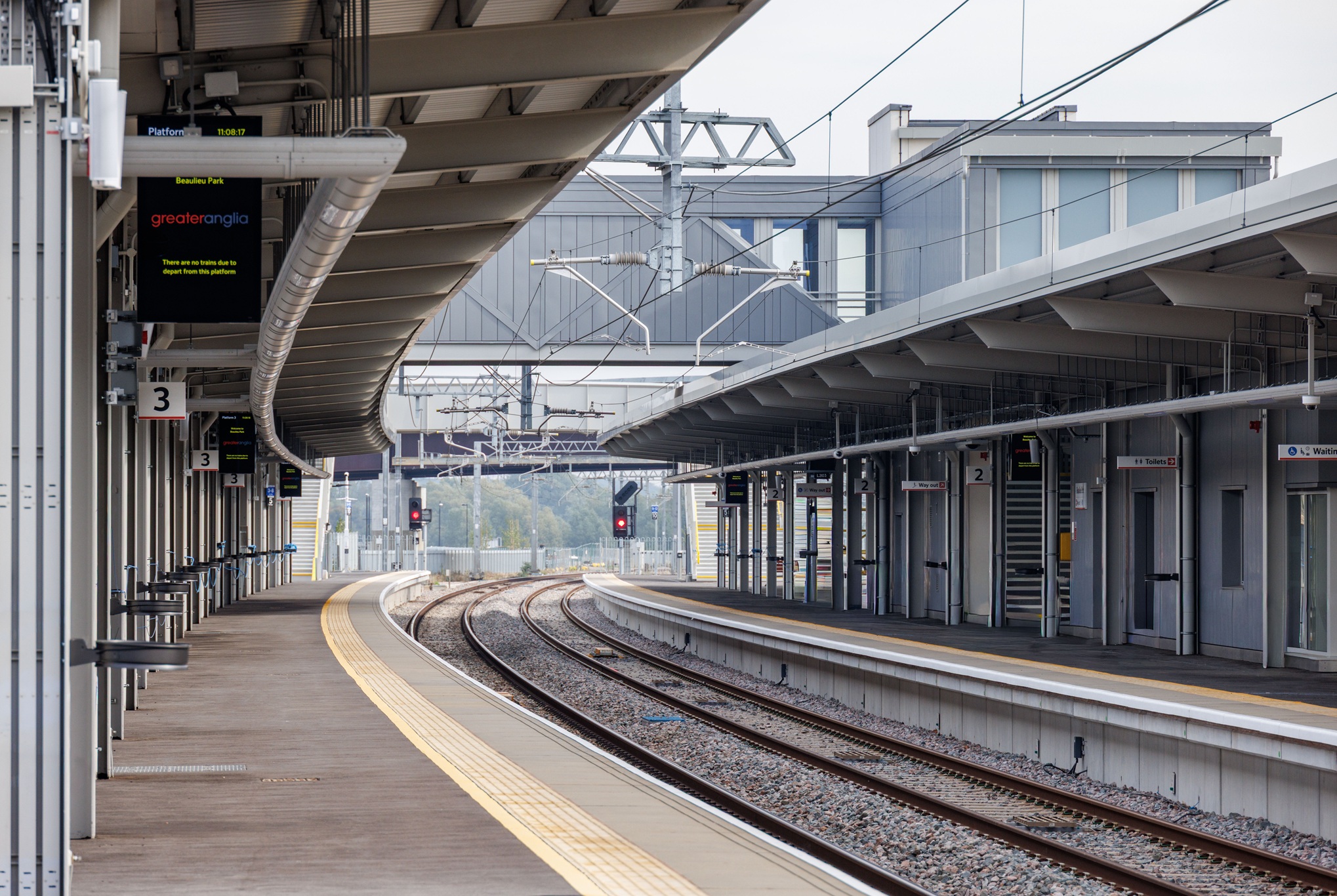 An empty platform at Beaulieu Park Train Station.