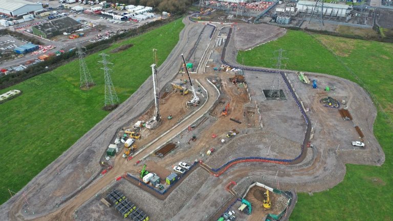 An aerial view of the Crooks Marsh substation site under construction.