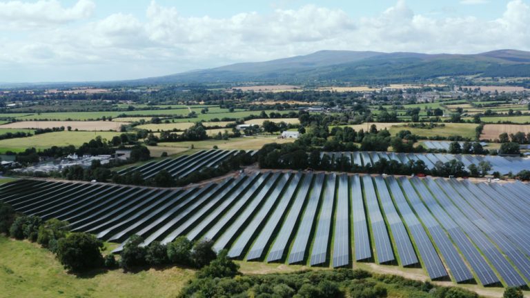 An aerial view of a solar farm.