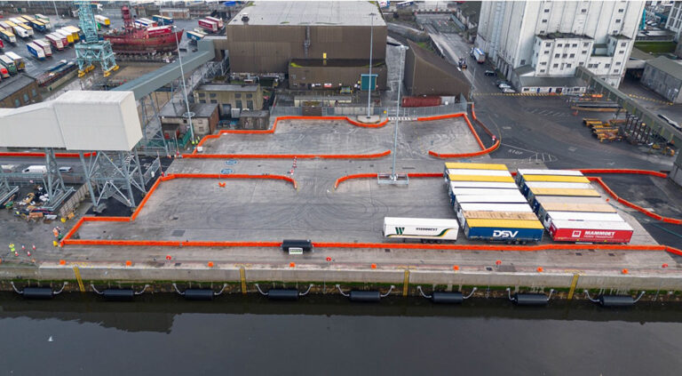 An aerial view of a port in Dublin under construction.