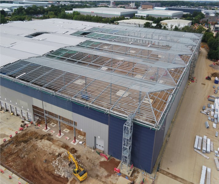 An aerial view of a warehouse in Hemel Hempstead under construction.