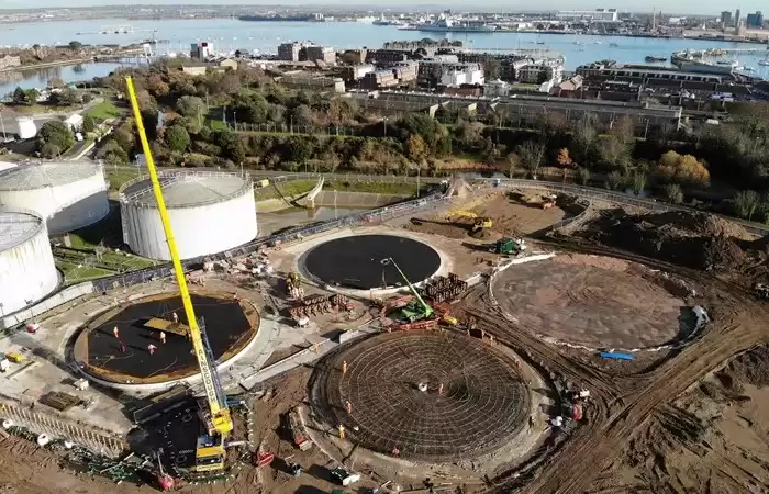 An aerial view of the Gosport Oil Fuel Depot construction site.