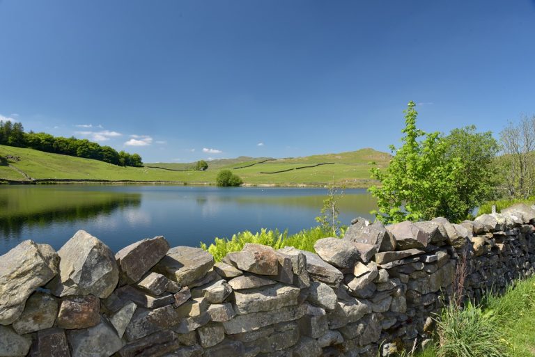 A reservoir in the Lake District with a stone wall on one side and trees and hills on the other.