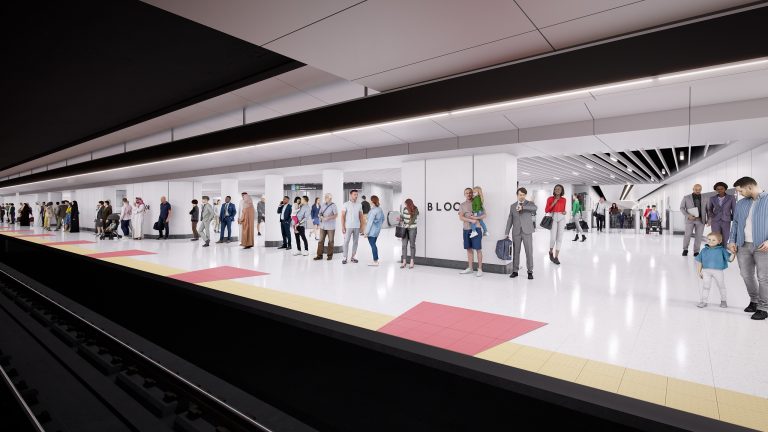A simulation of people waiting on a white train platform.