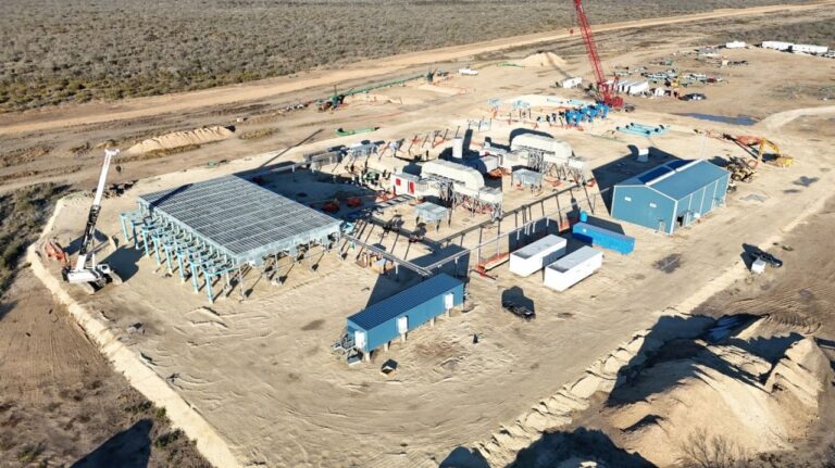 An aerial view of a compressor station construction site in the desert in South Texas.