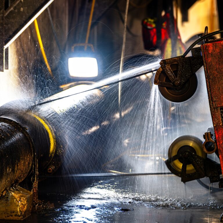 A large water pipe with a light shining on it being cut by a machine at an underground construction site