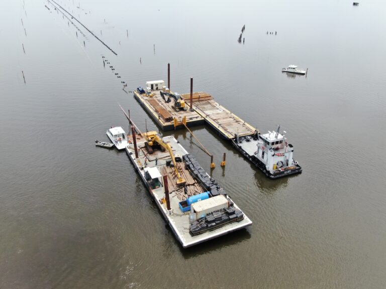A pipeline installation site in Texas surrounded by water.