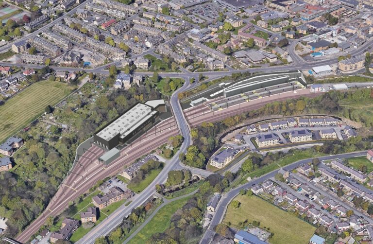 An aerial render of the proposed Shipley train depot.