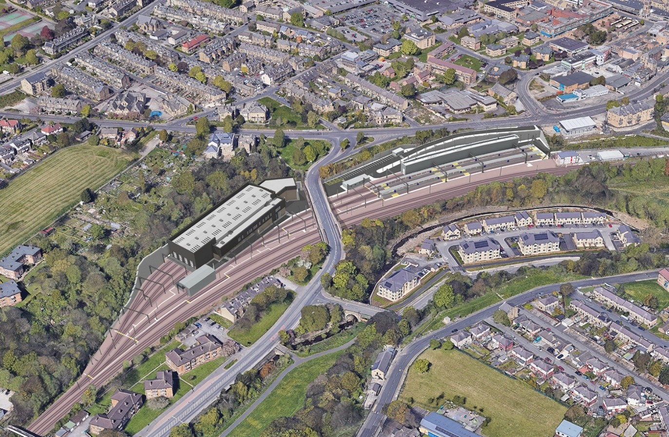 An aerial render of the proposed Shipley train depot.